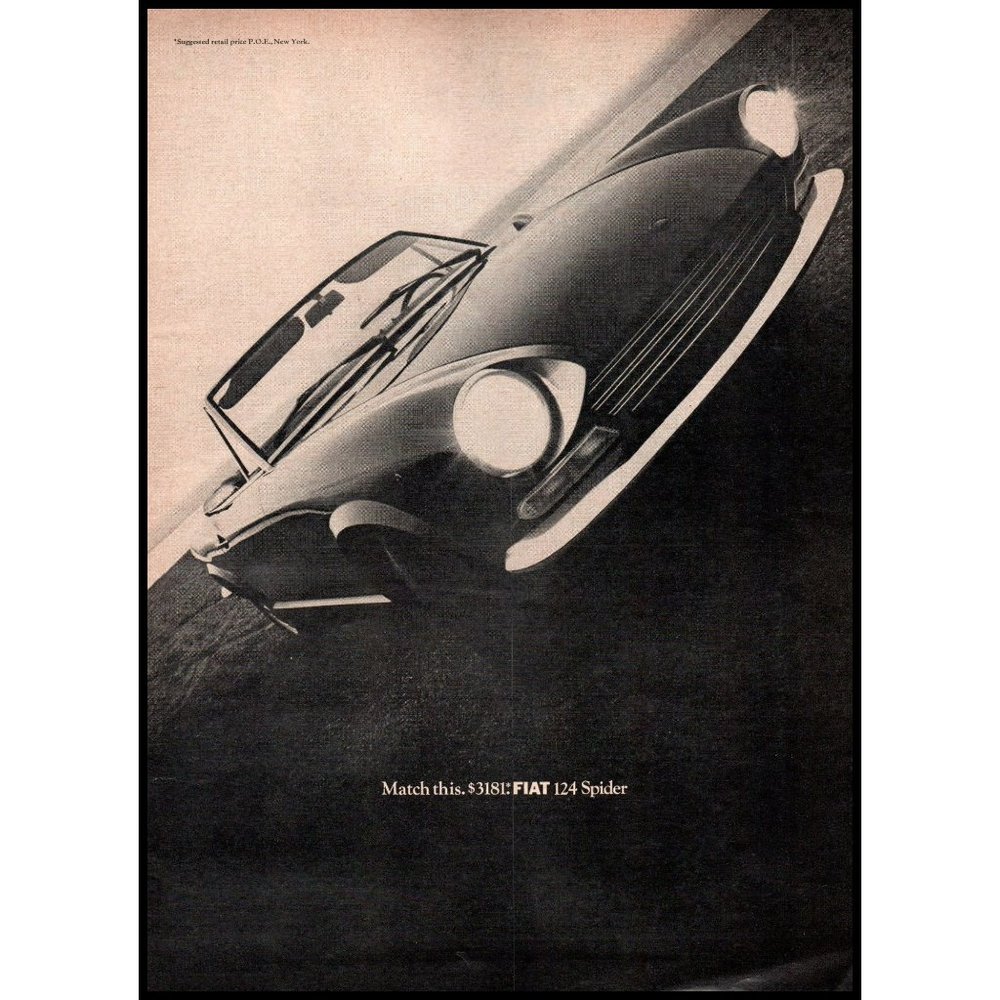 1969 Fiat 124 Spider Convertible Roadster Vintage Print Ad Italy Beach Wall Art